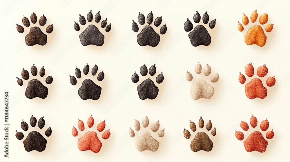 Fototapeta premium Different animal paw print Various colorful animal paw prints displayed. foot trail print of cat. Dog, puppy silhouette animal diagonal tracks