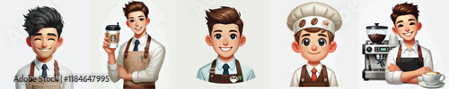 set of smiling coffee barista vector characters