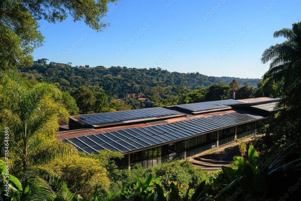 Rooftop Solar Panels, Green Hillside, Sustainable Energy Rooftop Solar Panels, Green Hillside, Sustainable Energy