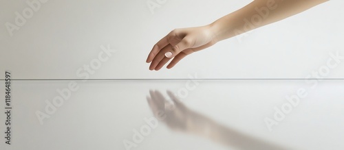 Elegant female hand reaching over a reflective surface.
