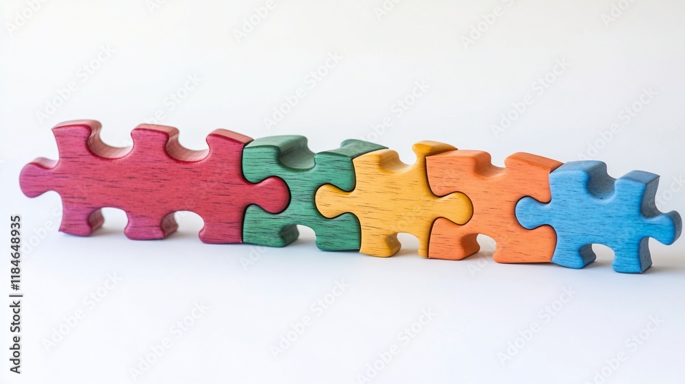 Fototapeta premium Five colorful wooden jigsaw puzzle pieces interlocked in a row on white background.