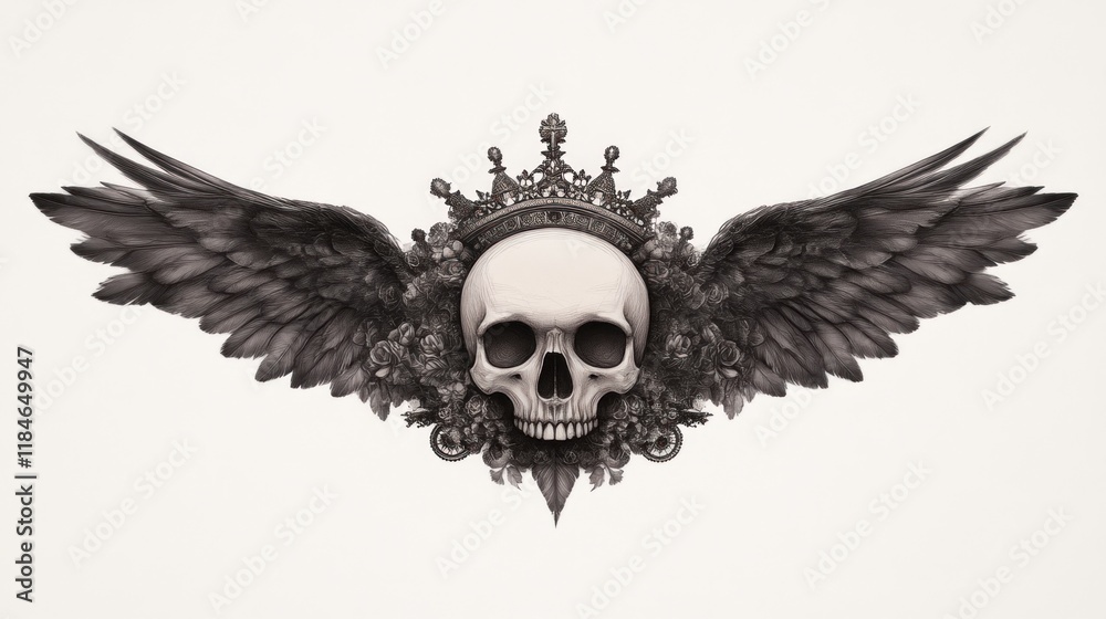 Fototapeta premium Symbolic skull with crown and wings artistic illustration dark aesthetic studio surreal concept