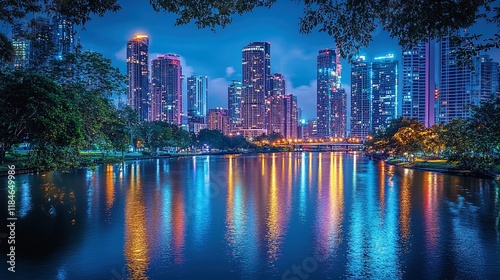 Glistening city skyline at twilight, with reflections in a calm river, captivating and dynamic 