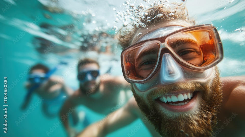A joyful group of friends smiles while snorkeling underwater, capturing the fun and camaraderie shared during a refreshing aquatic adventure. A joyful group of friends smiles while snorkeling underwater, capturing the fun and camaraderie shared during a refreshing aquatic adventure.