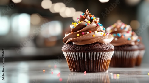 An enticing display of rich chocolate cupcakes topped with smooth frosting and a sprinkle of vibrant, colorful decorations, evoking a sense of joy and indulgence in dessert. photo