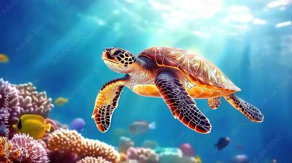 Obraz premium Close-up of a sea turtle swimming in clear ocean waters marine life photography