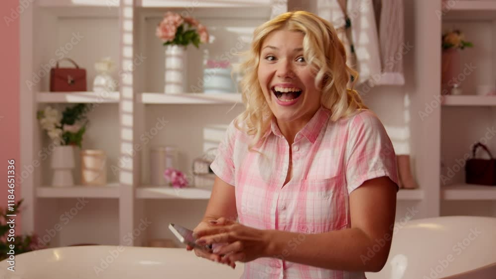 Happy smiling successful glad Caucasian woman girl female in glamour pink candy bathroom at home winning online achieve holding mobile phone victory rejoice smartphone bet looking at camera champion Happy smiling successful glad Caucasian woman girl female in glamour pink candy bathroom at home winning online achieve holding mobile phone victory rejoice smartphone bet looking at camera champion