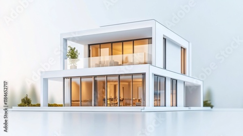 Modern two-story house architectural model with large windows and balcony, illuminated interior.