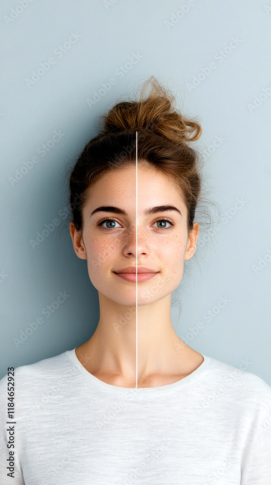 A split image of a woman showing contrasting expressions, highlighting the concept of beauty and emotion. A split image of a woman showing contrasting expressions, highlighting the concept of beauty and emotion.