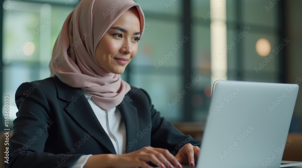 A woman in formal attire, and wearing a hijab is typing in front of a computer A woman in formal attire, and wearing a hijab is typing in front of a computer