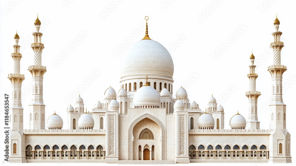 Obraz premium Majestic white mosque with multiple domes and minarets, isolated on white background.