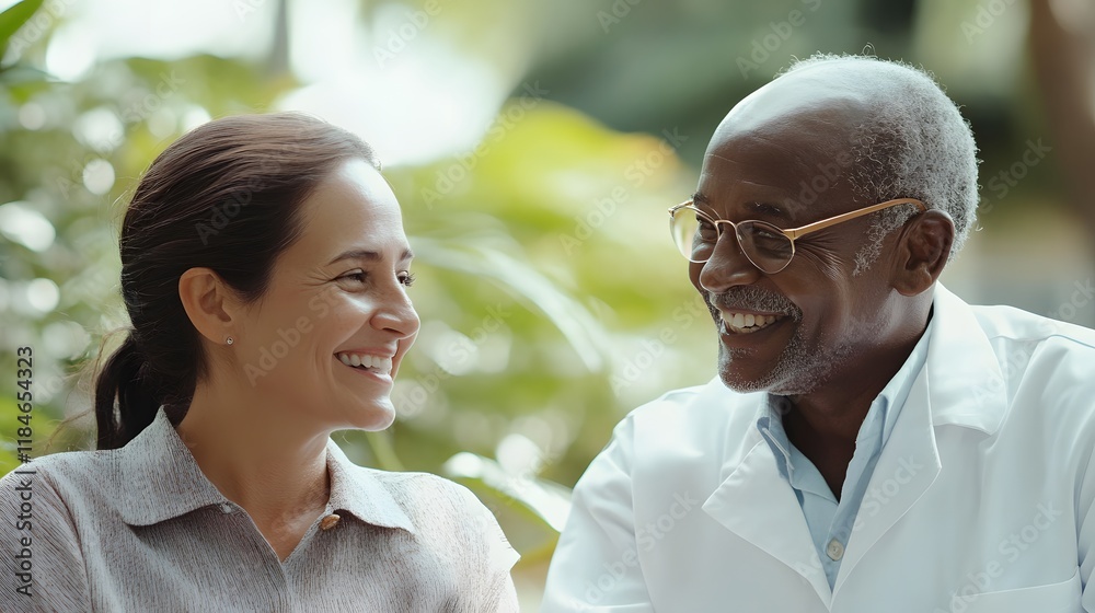 Smiling Doctor and Patient Sharing a Joyful Moment Outdoors, Capturing a Positive Interaction and Connection in a Natural Setting with Greenery in the Background Smiling Doctor and Patient Sharing a Joyful Moment Outdoors, Capturing a Positive Interaction and Connection in a Natural Setting with Greenery in the Background