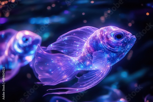 Fish shaped like swirling galaxies, radiating light in vivid purples and blues, creating a cosmic underwater ambiance. photo