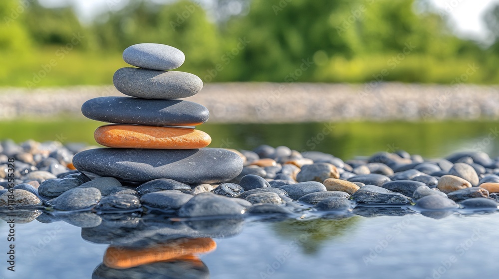 Serene Stacked Stones Photo: Calmly Balanced Rocks by Tranquil River. AI Generated Serene Stacked Stones Photo: Calmly Balanced Rocks by Tranquil River. AI Generated