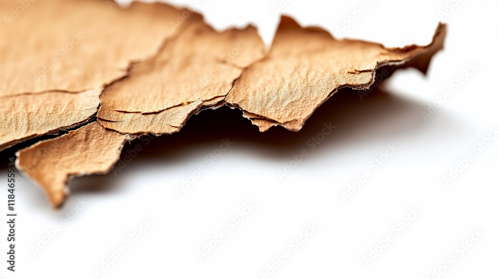 Close-up of a burnt, textured, brown paper fragment with uneven edges on white background. Close-up of a burnt, textured, brown paper fragment with uneven edges on white background.