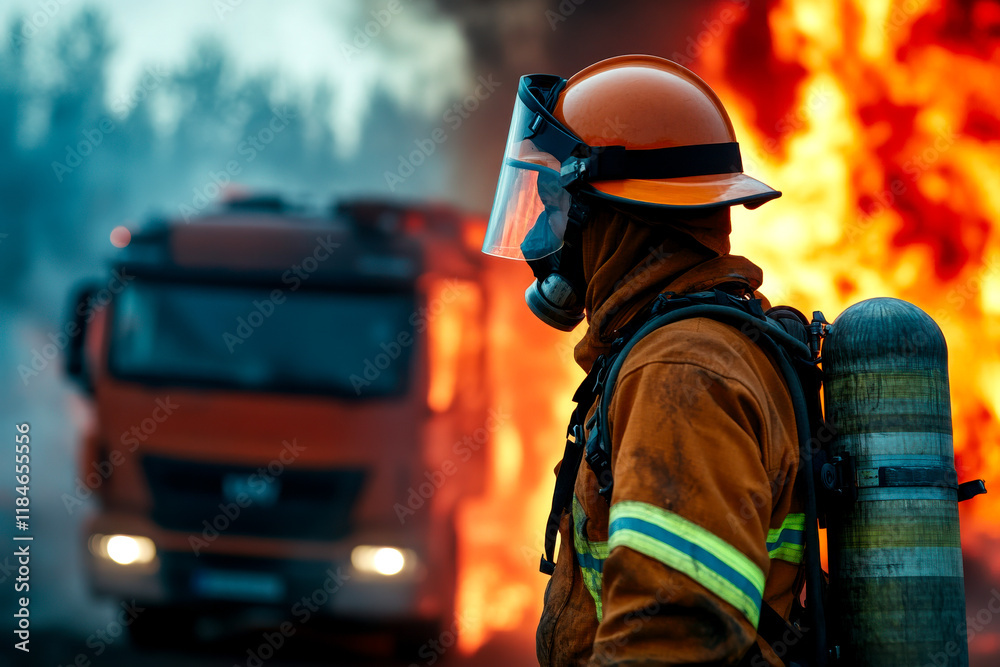 A firefighter stands in front of a blazing fire, wearing protective gear, with a fire truck in the background, emphasizing bravery and firefighting efforts. A firefighter stands in front of a blazing fire, wearing protective gear, with a fire truck in the background, emphasizing bravery and firefighting efforts.