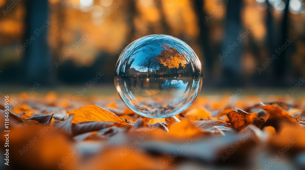 A lone floating bubble reflects the world around it, symbolizing fragility and beauty, with a blurred empty space on the side for caption A lone floating bubble reflects the world around it, symbolizing fragility and beauty, with a blurred empty space on the side for caption