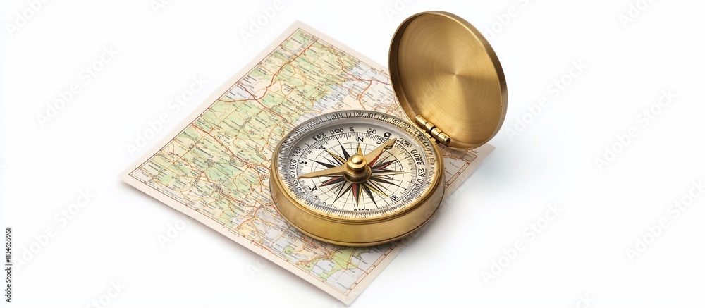 Brass compass on a map.