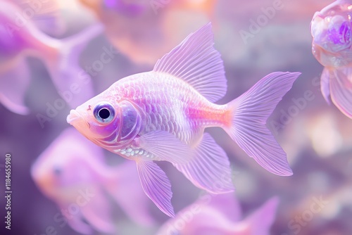 Fish with glowing fins in a soft pastel color palette, their bodies a delicate blend of translucent lavender and pink. photo