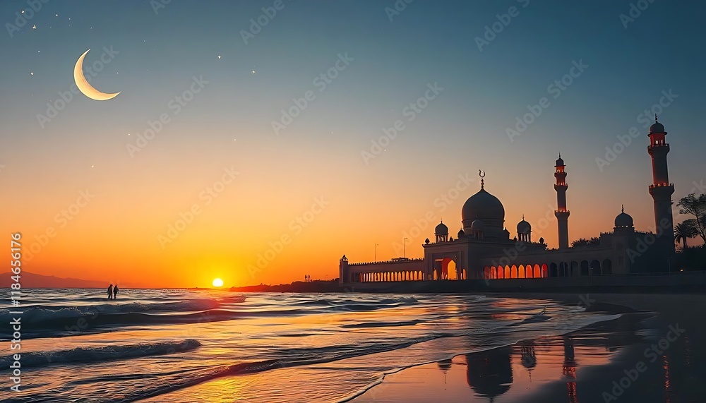 Obraz premium mosque at sunset, Mosque Silhouette Against a Vibrant Sunset Sky