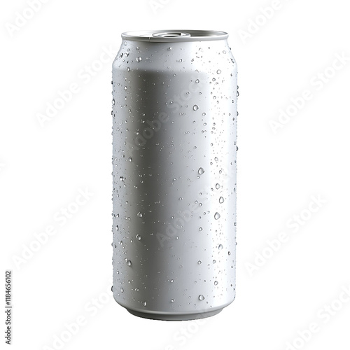 White can of beverage with water drops sits isolated on transparent background
