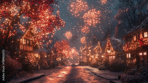 Magical Winter Village with Colorful Fireworks and Festive Lights