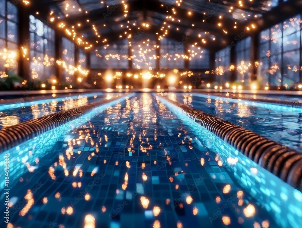 Obraz premium Illuminated Indoor Swimming Pool at Night Sparkling Water Festive Lights
