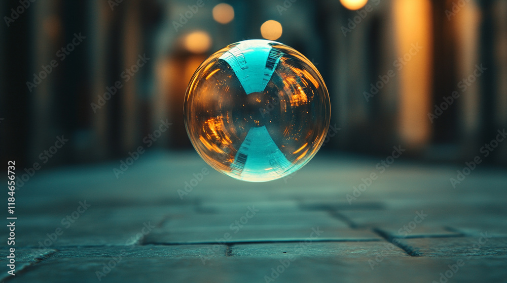 A lone floating bubble reflects the world around it, symbolizing fragility and beauty, with a blurred empty space on the side for caption A lone floating bubble reflects the world around it, symbolizing fragility and beauty, with a blurred empty space on the side for caption