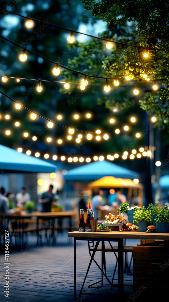 A vibrant outdoor dining scene illuminated by string lights, featuring tables, greenery, and a lively atmosphere perfect for gatherings. A vibrant outdoor dining scene illuminated by string lights, featuring tables, greenery, and a lively atmosphere perfect for gatherings.