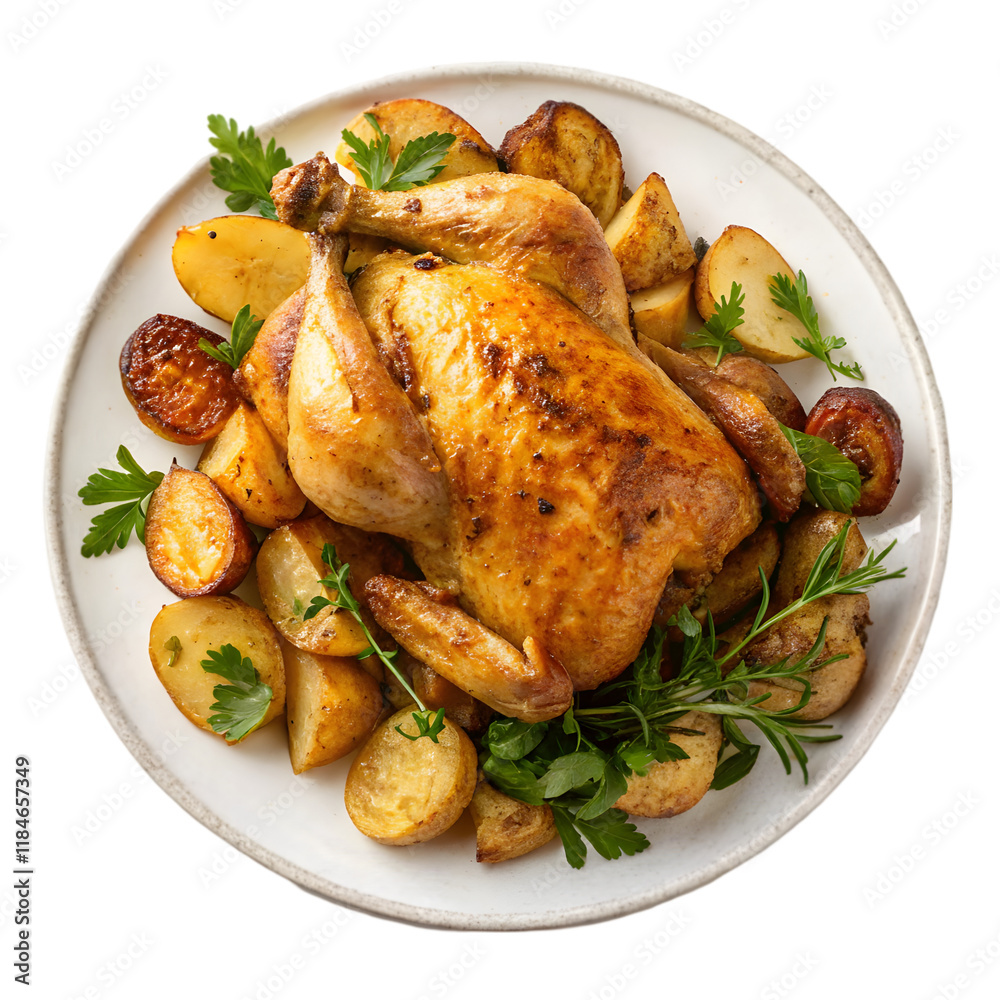 delicious plate of chicken and potatoes on transparent background