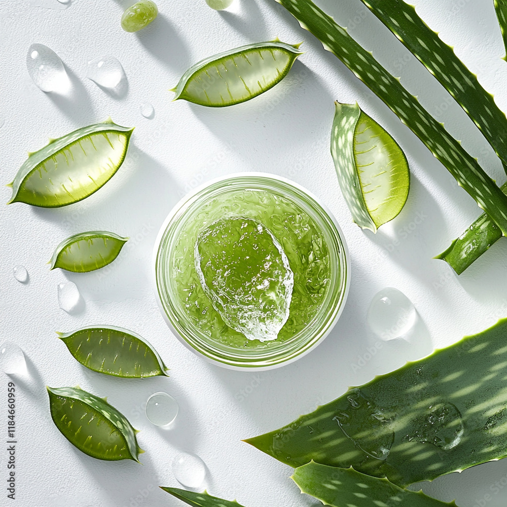 Obraz premium Aloe vera balm in jar with droplets and aloe leaves