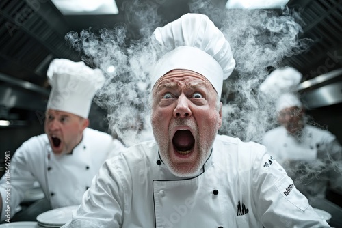Two chefs shouting in a crowded restaurant kitchen, with plates and steam in the background