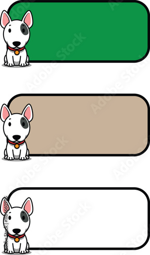 Cute bull terrier dog sitting with text frame cartoon collection set, vector illustration