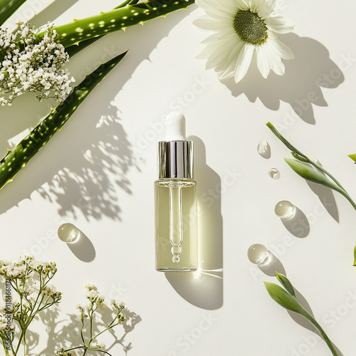 Mint and aloe skincare serum in sunlight on white surface