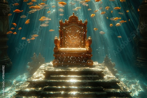 Underwater Throne, Sunbeams, Fish, Ruins, Fantasy photo