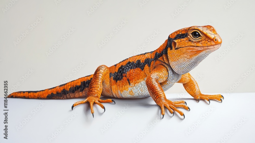 Naklejka premium Orange and black lizard posing on white surface