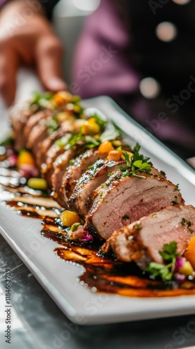 Chef presenting sliced pork tenderloin with fruit and sauce