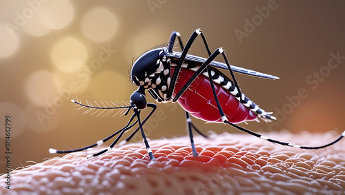 Macro Shot of Aedes Mosquito Feeding on Human Skin – Detailed Close-Up with Natural Bokeh Background photo