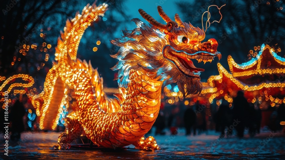 Obraz premium Festive dragon sculpture glowing in the night cultural festival decorative art outdoor exhibition vivid illumination