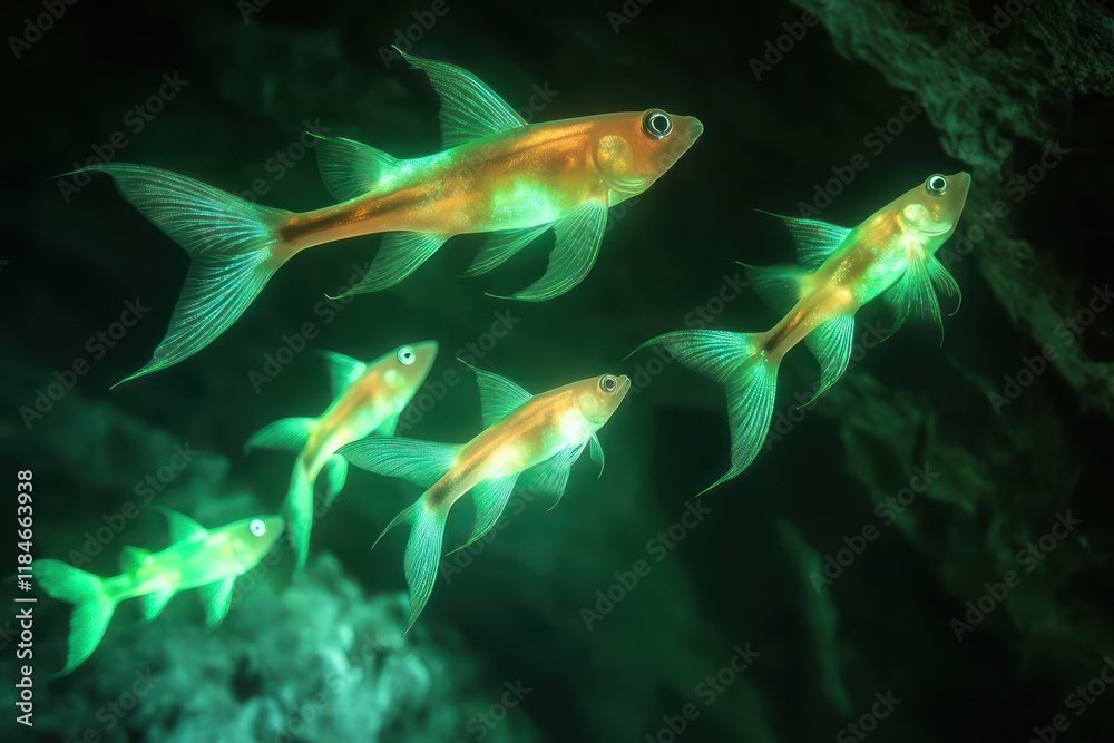 Naklejka premium Luminous fish with slender, tapering bodies and glowing, ethereal fins in hues of celestial opal and aurora green, gliding silently through the phosphorescent depths of a submerged cavern system.