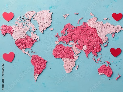 A Valentinesthemed world economic map with heartshaped spending zones, romantic decor, global finance, festive insight photo