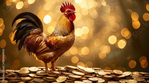 Golden rooster standing on a pile of coins amidst the ingo standard wealth and prosperity theme festive environment close-up view symbol of fortune photo