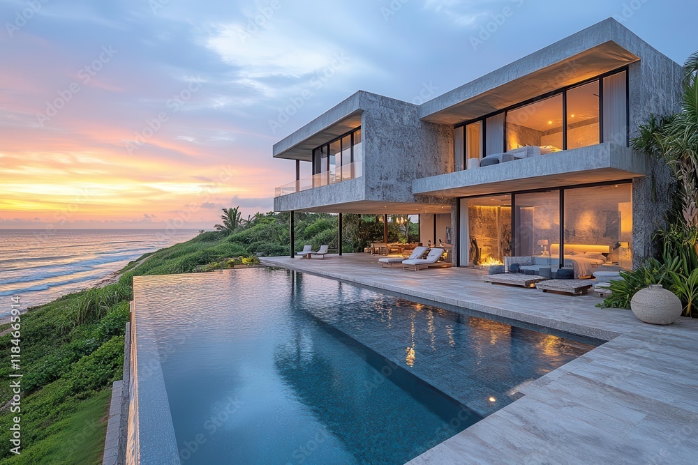 Fototapeta premium luxurious beachfront resort modern minimalist architecture with infinity pool private cabanas and panoramic ocean views at golden hour
