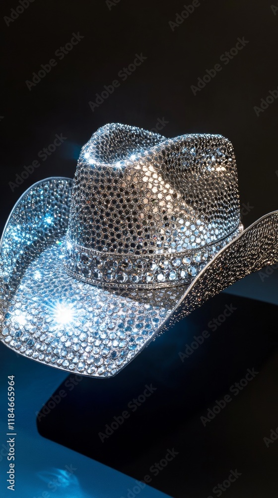 Shiny cowboy hat entirely covered with rhinestones on dark background