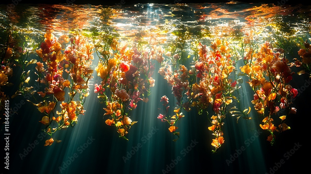 Naklejka premium Underwater floral arrangement illuminated by sunbeams