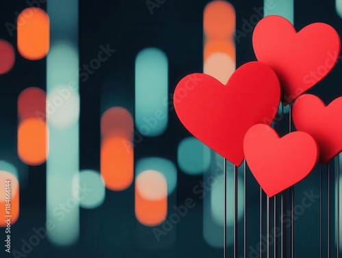 A Valentinesthemed stock market screen with heartshaped indicators for economic data, romantic tech, financial trends, festive design photo