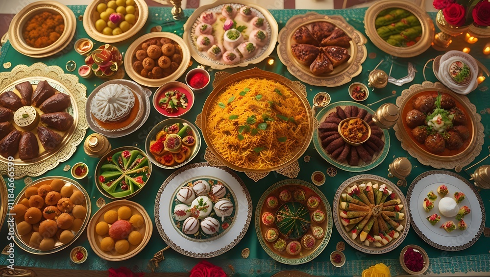 An Abundant Eid Feast: A Table Filled with Delectable Dishes from Biryani to Sweets, Celebrating Generosity An Abundant Eid Feast: A Table Filled with Delectable Dishes from Biryani to Sweets, Celebrating Generosity