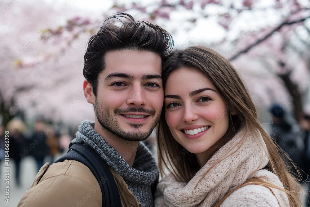 Generative AI depiction of a young couple enjoying Japan's spring park with cherry blossoms in full bloom