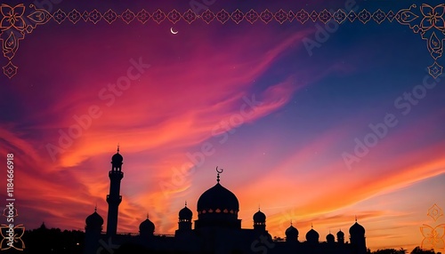 silhouette of mosque at sunset, Majestic Mosque Silhouette Against a Vibrant Sunset Sky photo