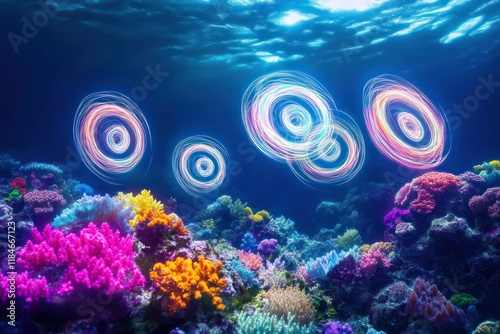 Radiant fish shaped like spirals of neon light, swirling slowly above a colorful coral reef. photo